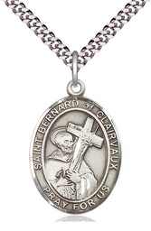 [7233SS/24S] Sterling Silver Saint Bernard of Clairvaux Pendant on a 24 inch Light Rhodium Heavy Curb chain