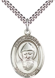 [7271SS/24S] Sterling Silver Saint Sharbel Pendant on a 24 inch Light Rhodium Heavy Curb chain