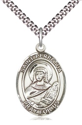 [7272SS/24S] Sterling Silver Saint Perpetua Pendant on a 24 inch Light Rhodium Heavy Curb chain