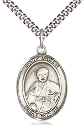 [7305SS/24S] Sterling Silver Saint Pius X Pendant on a 24 inch Light Rhodium Heavy Curb chain