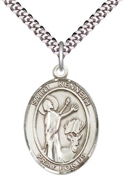 [7332SS/24S] Sterling Silver Saint Kenneth Pendant on a 24 inch Light Rhodium Heavy Curb chain