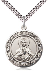 [7337RDSPSS/24S] Sterling Silver Corazon Inmaculado de Maria Pendant on a 24 inch Light Rhodium Heavy Curb chain