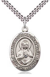 [7337SPSS/24S] Sterling Silver Corazon Inmaculado de Maria Pendant on a 24 inch Light Rhodium Heavy Curb chain