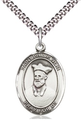 [7369SS/24S] Sterling Silver Saint Philip Neri Pendant on a 24 inch Light Rhodium Heavy Curb chain