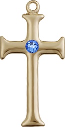 [6008KT-STN9] 14kt Gold Cross Medal with a 3mm Sapphire Swarovski stone