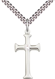 [6008SS-STN4/24S] Sterling Silver Cross Pendant with a 3mm Crystal Swarovski stone on a 24 inch Light Rhodium Heavy Curb chain