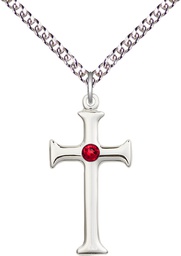[6008SS-STN7/24SS] Sterling Silver Cross Pendant with a 3mm Ruby Swarovski stone on a 24 inch Sterling Silver Heavy Curb chain