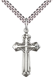 [6012SS/24S] Sterling Silver Cross Pendant on a 24 inch Light Rhodium Heavy Curb chain