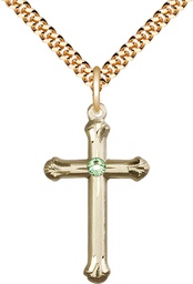 [6022GF-STN8/24G] 14kt Gold Filled Cross Pendant with a 3mm Peridot Swarovski stone on a 24 inch Gold Plate Heavy Curb chain