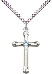 [6022SS-STN3/24SS] Sterling Silver Cross Pendant with a 3mm Aqua Swarovski stone on a 24 inch Sterling Silver Heavy Curb chain