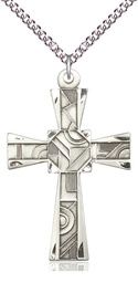 [6032SS/24SS] Sterling Silver Mosaic Cross Pendant on a 24 inch Sterling Silver Heavy Curb chain
