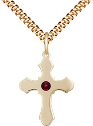 [6036GF1-STN1/24G] 14kt Gold Filled Cross Pendant with a 3mm Garnet Swarovski stone on a 24 inch Gold Plate Heavy Curb chain