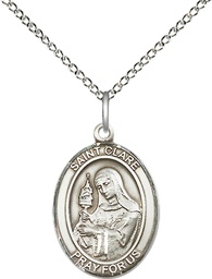 [8028SS/18SS] Sterling Silver Saint Clare of Assisi Pendant on a 18 inch Sterling Silver Light Curb chain