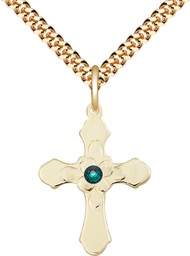 [6036GF4-STN5/24G] 14kt Gold Filled Cross Pendant with a 3mm Emerald Swarovski stone on a 24 inch Gold Plate Heavy Curb chain