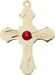 [6036GF5-STN7] 14kt Gold Filled Cross Medal with a 3mm Ruby Swarovski stone
