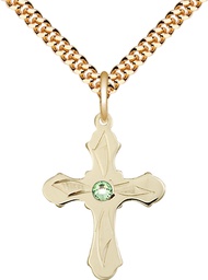 [6036GF5-STN8/24G] 14kt Gold Filled Cross Pendant with a 3mm Peridot Swarovski stone on a 24 inch Gold Plate Heavy Curb chain