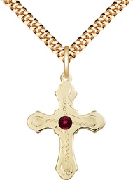 [6036GF6-STN1/24G] 14kt Gold Filled Cross Pendant with a 3mm Garnet Swarovski stone on a 24 inch Gold Plate Heavy Curb chain