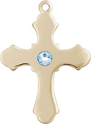 [6036KT1-STN3] 14kt Gold Cross Medal with a 3mm Aqua Swarovski stone