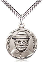 [4273SS/24S] Sterling Silver Saint Damien of Molokai Pendant on a 24 inch Light Rhodium Heavy Curb chain