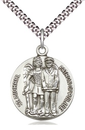 [5680SS/24S] Sterling Silver Saint Michael the Archangel Pendant on a 24 inch Light Rhodium Heavy Curb chain