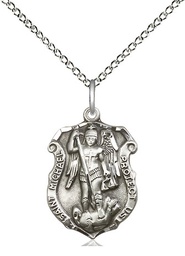 [5692SS/18SS] Sterling Silver Saint Michael the Archangel Shield Pendant on a 18 inch Sterling Silver Light Curb chain