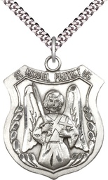 [5695SS/24S] Sterling Silver Saint Michael the Archangel Pendant on a 24 inch Light Rhodium Heavy Curb chain