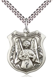 [5696SS/24S] Sterling Silver Saint Michael the Archangel Pendant on a 24 inch Light Rhodium Heavy Curb chain