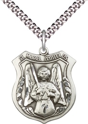 [5696SS/24S] Sterling Silver Saint Michael the Archangel Pendant on a 24 inch Light Rhodium Heavy Curb chain