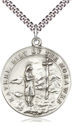 [5898SS/24S] Sterling Silver Saint Kateri Pendant on a 24 inch Light Rhodium Heavy Curb chain