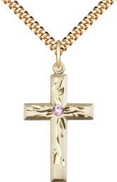 [5924GF-STN6/24G] 14kt Gold Filled Cross Pendant with a 3mm Light Amethyst Swarovski stone on a 24 inch Gold Plate Heavy Curb chain
