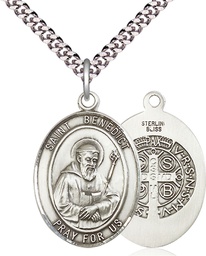 [7008SS/24S] Sterling Silver Saint Benedict Pendant on a 24 inch Light Rhodium Heavy Curb chain