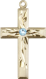 [5924KT-STN3] 14kt Gold Cross Medal with a 3mm Aqua Swarovski stone