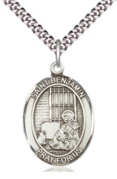 [7013SS/24S] Sterling Silver Saint Benjamin Pendant on a 24 inch Light Rhodium Heavy Curb chain