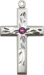 [5924SS-STN2] Sterling Silver Cross Medal with a 3mm Amethyst Swarovski stone