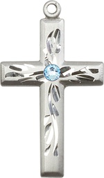 [5924SS-STN3] Sterling Silver Cross Medal with a 3mm Aqua Swarovski stone