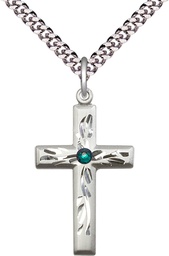 [5924SS-STN5/24S] Sterling Silver Cross Pendant with a 3mm Emerald Swarovski stone on a 24 inch Light Rhodium Heavy Curb chain