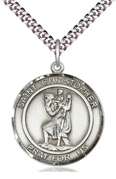 [7022RDSS/24S] Sterling Silver Saint Christopher Pendant on a 24 inch Light Rhodium Heavy Curb chain