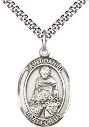 [7024SS/24S] Sterling Silver Saint Daniel Pendant on a 24 inch Light Rhodium Heavy Curb chain