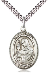 [7028SS/24S] Sterling Silver Saint Clare of Assisi Pendant on a 24 inch Light Rhodium Heavy Curb chain