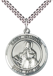 [7032RDSS/24S] Sterling Silver Saint Dymphna Pendant on a 24 inch Light Rhodium Heavy Curb chain