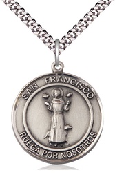 [7036RDSPSS/24S] Sterling Silver San Francis of Assisi Pendant on a 24 inch Light Rhodium Heavy Curb chain