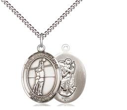[8138SS/18S] Sterling Silver Saint Christopher Volleyball Pendant on a 18 inch Light Rhodium Light Curb chain