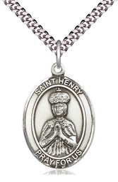 [7046SS/24S] Sterling Silver Saint Henry II Pendant on a 24 inch Light Rhodium Heavy Curb chain