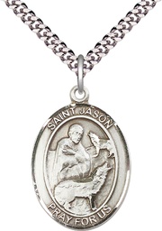 [7051SS/24S] Sterling Silver Saint Jason Pendant on a 24 inch Light Rhodium Heavy Curb chain