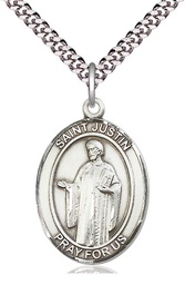 [7052SS/24S] Sterling Silver Saint Justin Pendant on a 24 inch Light Rhodium Heavy Curb chain