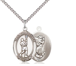 [8144SS/18S] Sterling Silver Saint Christopher Lacrosse Pendant on a 18 inch Light Rhodium Light Curb chain