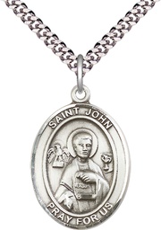 [7056SS/24S] Sterling Silver Saint John the Apostle Pendant on a 24 inch Light Rhodium Heavy Curb chain