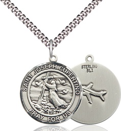 [7057RDSS/24S] Sterling Silver Saint Joseph of Cupertino Pendant on a 24 inch Light Rhodium Heavy Curb chain