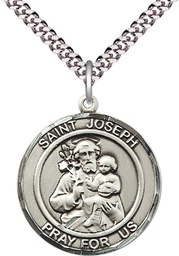 [7058RDSS/24S] Sterling Silver Saint Joseph Pendant on a 24 inch Light Rhodium Heavy Curb chain