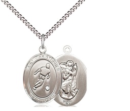 [8154SS/18S] Sterling Silver Saint Christopher Soccer Pendant on a 18 inch Light Rhodium Light Curb chain